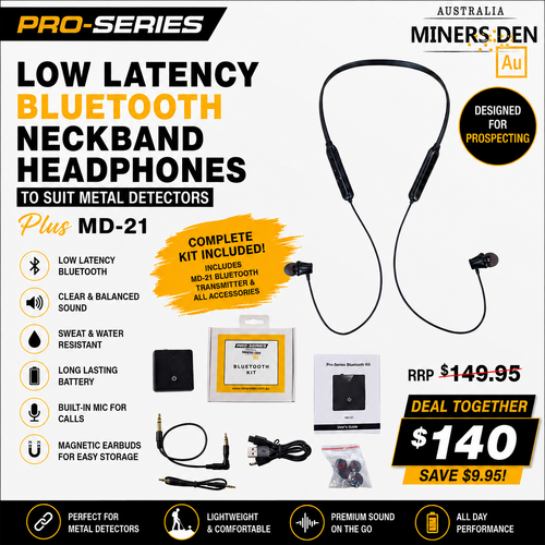 Pro-Series Low Latency Bluetooth Neckband Headphones to suit Metal Detectors Plus MD-21