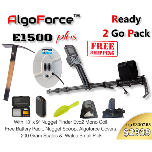 AlgoForce E1500 Plus Ready-to-Go Gold Detecting Pack with Nugget Finder 13" x 9" EVO2 Coil