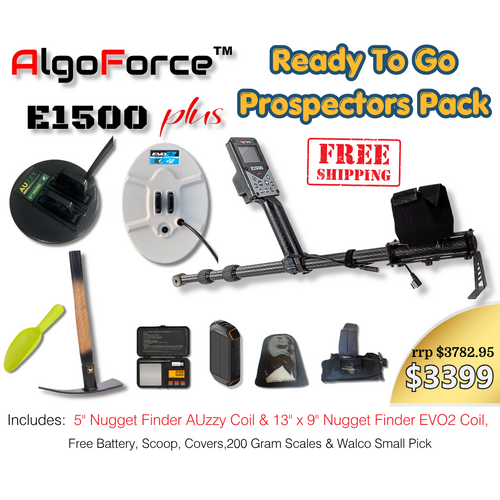 AlgoForce E1500 Plus Prospectors Pack Detecting Pack with Nugget Finder 5" AUzzy Coil & 13" x 9" EVO2 Coil